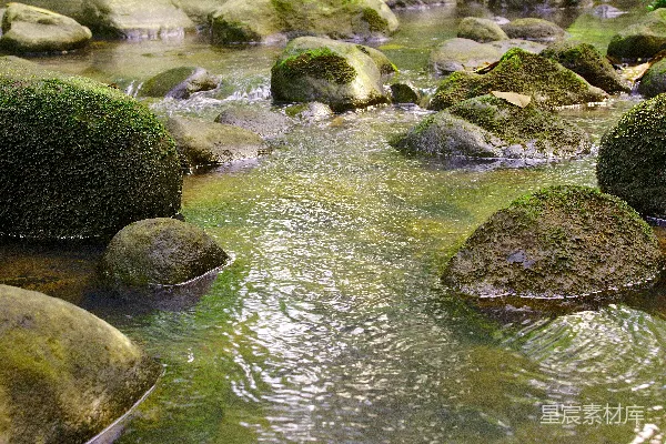 高清摄影 溪边长满青苔的岩石周围流水潺潺。