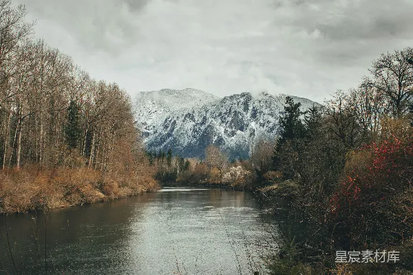 高清摄影 湖边雪覆盖的山峦在白天有棕色的树木靠近