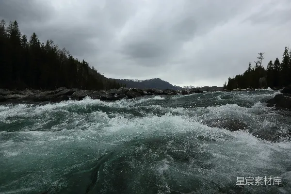 高清摄影 河边景色：湍急的河水与背景中的树木相映成趣。