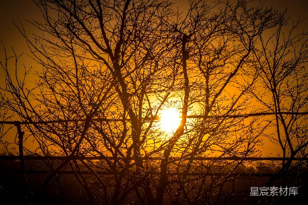 高清摄影 夕阳落在一道铁丝围栏后面