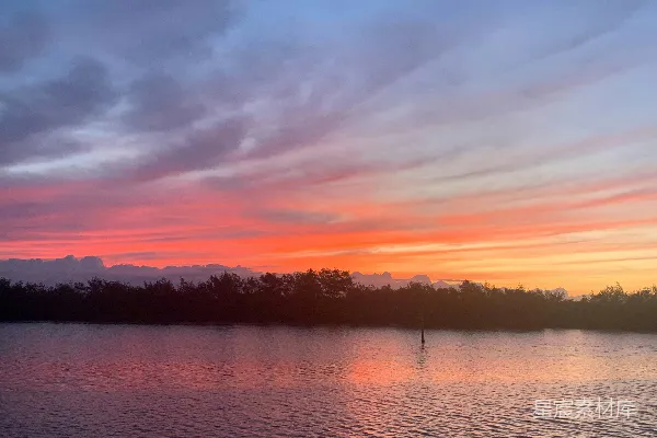 高清摄影 背景中有树木的水面夕阳美景