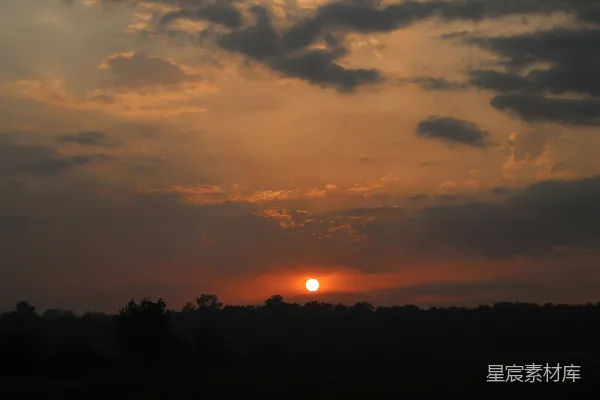 高清摄影 夕阳西下，一片田野旁有树木。
