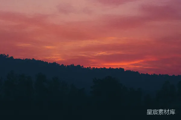 高清摄影 背景为绿树的红色和蓝色天空