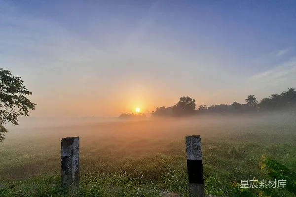 高清摄影 一片雾气笼罩的田野，远处夕阳西下。