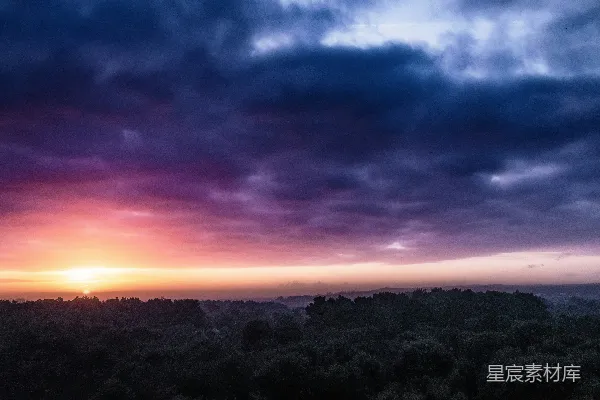 高清摄影 夕阳下的绿树蓝天间