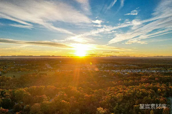 高清摄影 背景中有太阳的树林与水面风景