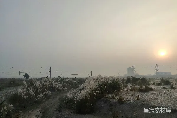 高清摄影 傍晚的阳光洒落在一片雾气缭绕的田野上。