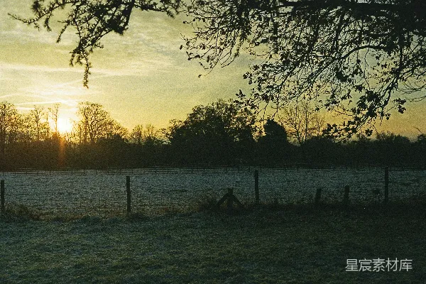 高清摄影 傍晚的太阳落在了一道栅栏后面的一个田野里