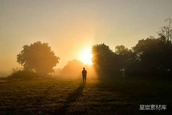 高清摄影 夕阳下站立在绿色草地上的身影