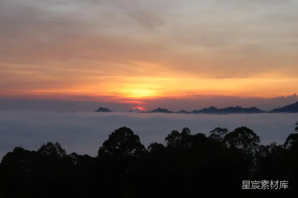 高清摄影 山间薄雾中的一抹 sunrise 落在一片树木上。