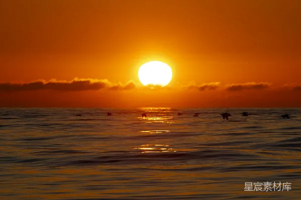 高清摄影 夕阳映照在海面上，染上了一抹橙色的光辉。