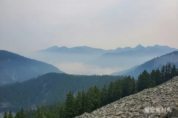 高清摄影 山峦的景色中有树木和雾气的一角