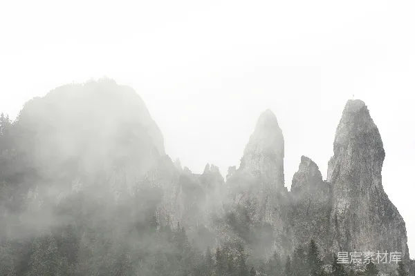 高清摄影 被雾气覆盖的山峦，树木与岩石参差错落