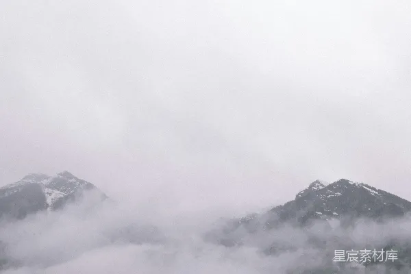 高清摄影 雾气弥漫的幽暗山脉，森林在脚下绿意盎然。