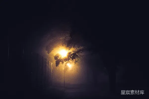 高清摄影 雾蒙蒙夜晚一条昏暗的街道灯光