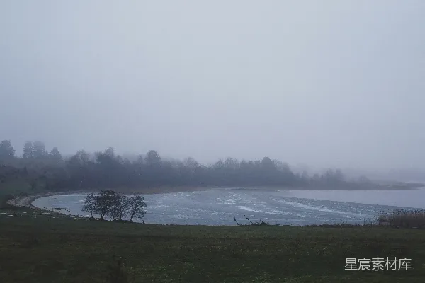 高清摄影 一片雾气缭绕的山水景象，有树木和一处水面。