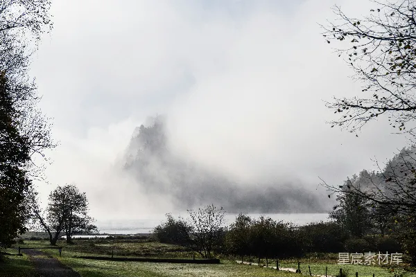 高清摄影 背景有一片草地、几棵树和一座小山。