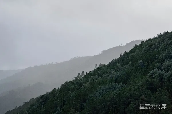 高清摄影 雾蒙蒙的山峦覆盖着茂密的绿树。