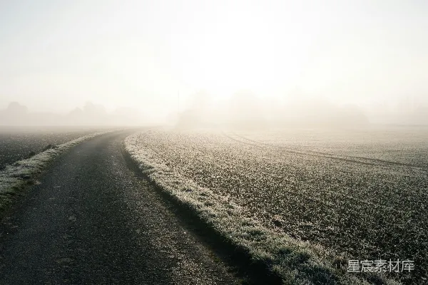 高清摄影 前景中一条蜿蜒的道路，一片雾气笼罩的田野。