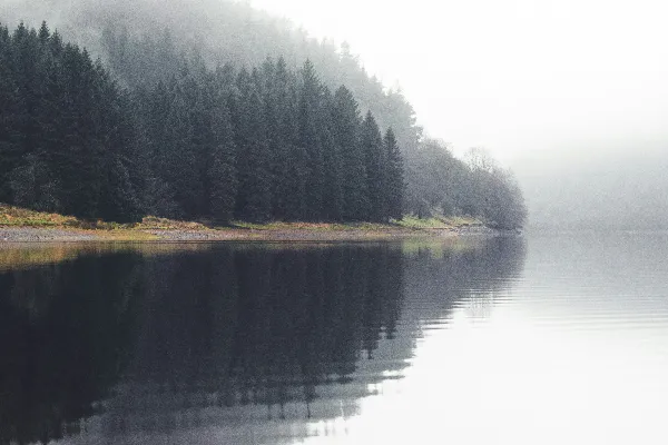 高清摄影 湖边有树木和山峦作为背景