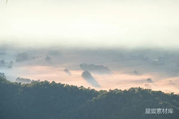 高清摄影 雾霭中的山谷景色，前景为树木。