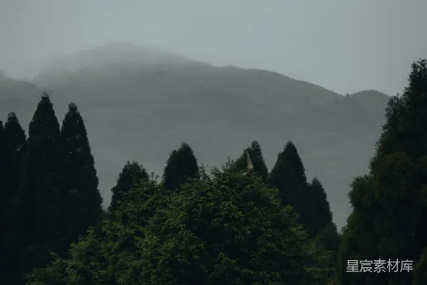 高清摄影 暗绿色树木环绕的山间景色。