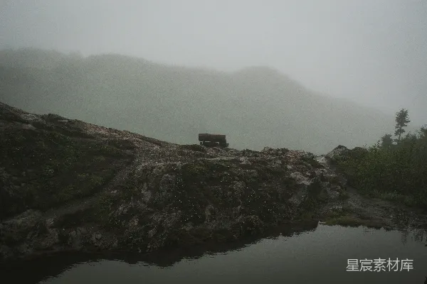 高清摄影 一头牛正站在一块岩石嶙峋的小山上，靠近一片水域。