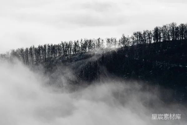 高清摄影 一张黑白照片里的雾中山峰