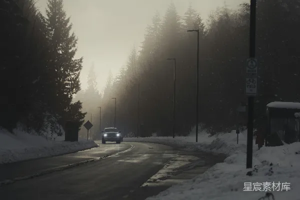 高清摄影 一辆车在雪覆盖的道路上行驶