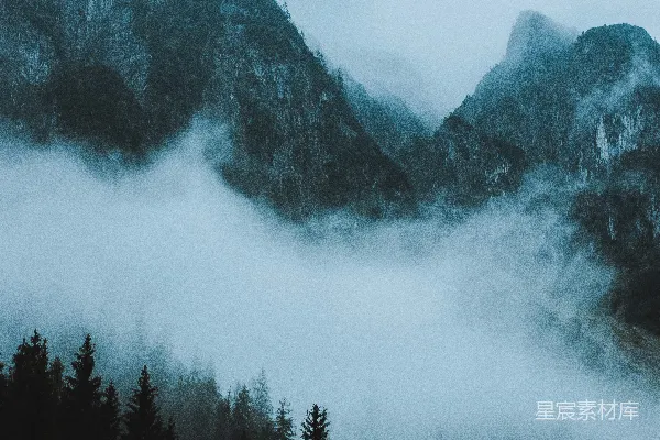 高清摄影 雾气笼罩的山峦，前景有树木。