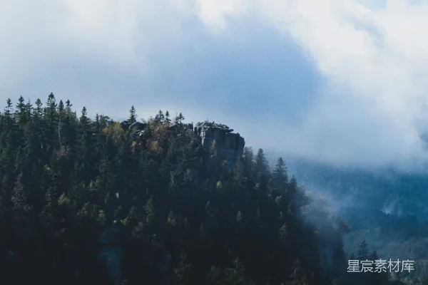 高清摄影 山中绿树映衬着白云，白天景象