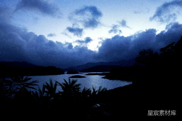 高清摄影 绿色树木近水，蓝天白云间白昼景象