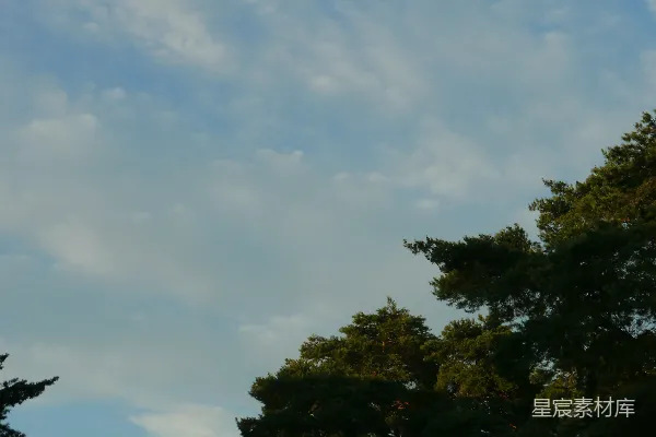 高清摄影 蓝天白云间绿树点点。