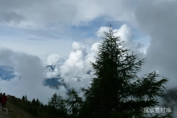 高清摄影 人们在山间小道上徒步行走，周围是云和树木。