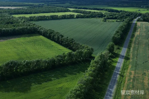 高清摄影 一片绿 fields 中一条公路的空中俯瞰