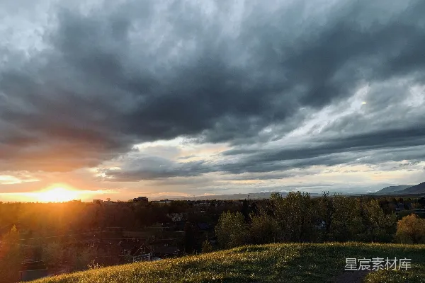 高清摄影 夕阳下绿草丛中的天空带云景观