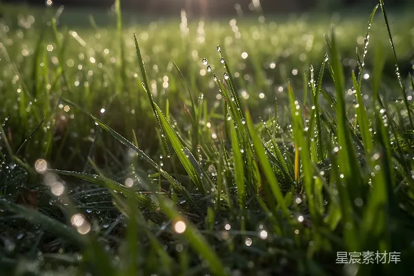 高清摄影 阳光下的草地覆满了水珠。