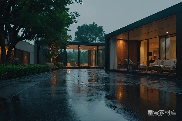 高清摄影 一幢房子建在一条湿漉漉的路顶上