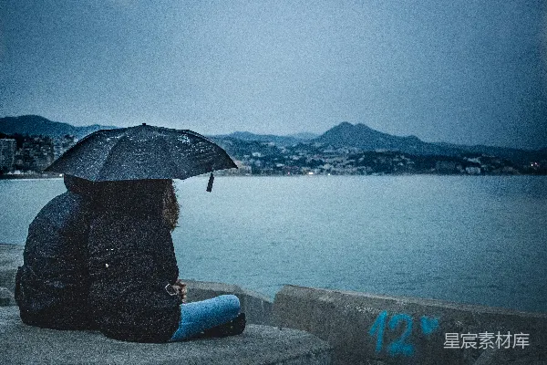 高清摄影 一对手持黑色雨伞的人坐在平静水面的一侧