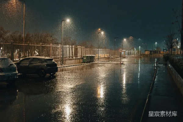 高清摄影 夜晚的城市街道，路边停着汽车。