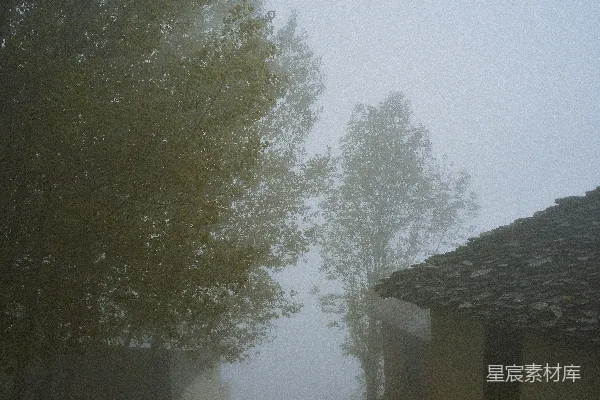高清摄影 街边有 houses 和 trees 在背景中，雾气缭绕。