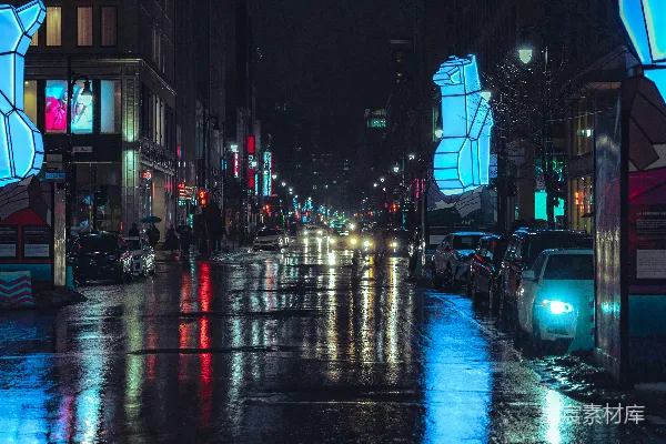 高清摄影 夜晚的城市街道，路边停着汽车。
