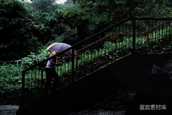 高清摄影 撑伞的人走上雨中的户外台阶