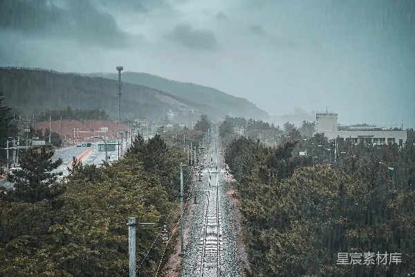 高清摄影 树丛环绕中的火车轨道的俯视图