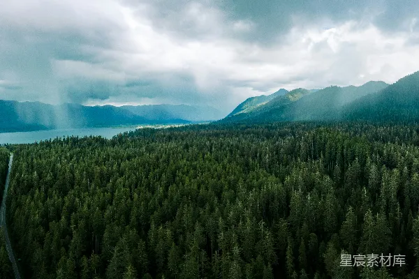 高清摄影 山下绿树，蓝天白云间白天景色