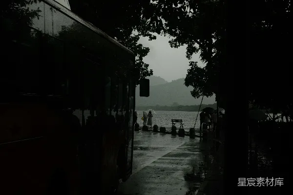 高清摄影 公交车在雨天停靠在一湖边。
