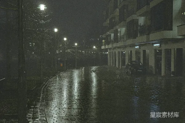 高清摄影 夜晚街道上的湿路反光。