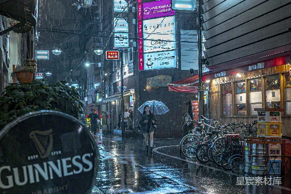 高清摄影 城市里一个下雨的夜晚行人走在街上