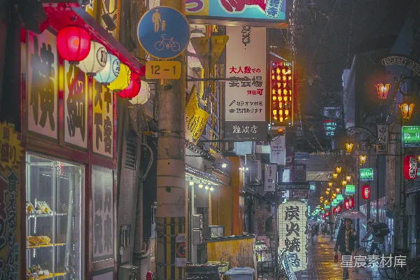 高清摄影 一条街道充满了许多标志和灯光的城市街头