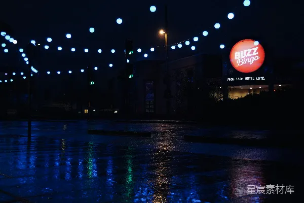 高清摄影 夜晚城市街道上的蓝色灯光